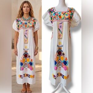 VTG 70s La Unica Cosa Taos Mexican Hand Embroidered Maxi Dress White Cotton Boho